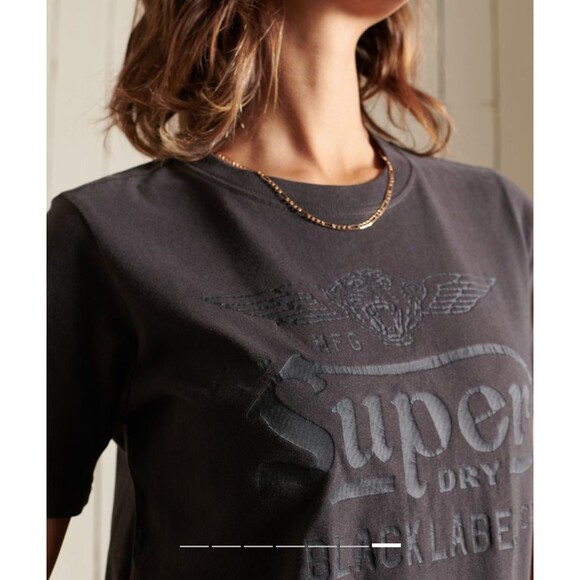Superdry Black Label T-Shirt Women US 6 Black Out Graphic Logo Short Sleeve Moto - Picture 4 of 16